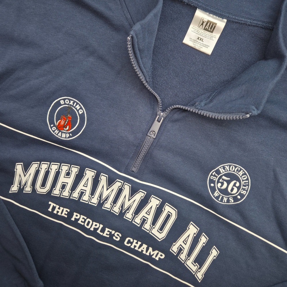 Muhammad Ali Mens XXL Blue Cotton Quarter Zip Boxing Graphic Sweatshirt NWT